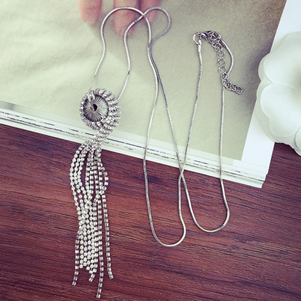 N-5907   Korea style silver snake chain full rhinestone tassel ball pendant necklace for women jewelry