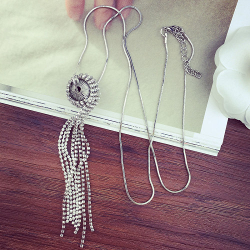 N-5907   Korea style silver snake chain full rhinestone tassel ball pendant necklace for women jewelry