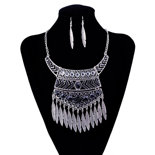 N-5916   Ethnic bohemian vintage silver resin gem geometric pendants necklaces leaf bib choker necklace earrings set jewelry for women