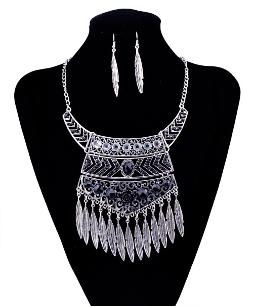 N-5916   Ethnic bohemian vintage silver resin gem geometric pendants necklaces leaf bib choker necklace earrings set jewelry for women