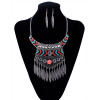 N-5916   Ethnic bohemian vintage silver resin gem geometric pendants necklaces leaf bib choker necklace earrings set jewelry for women