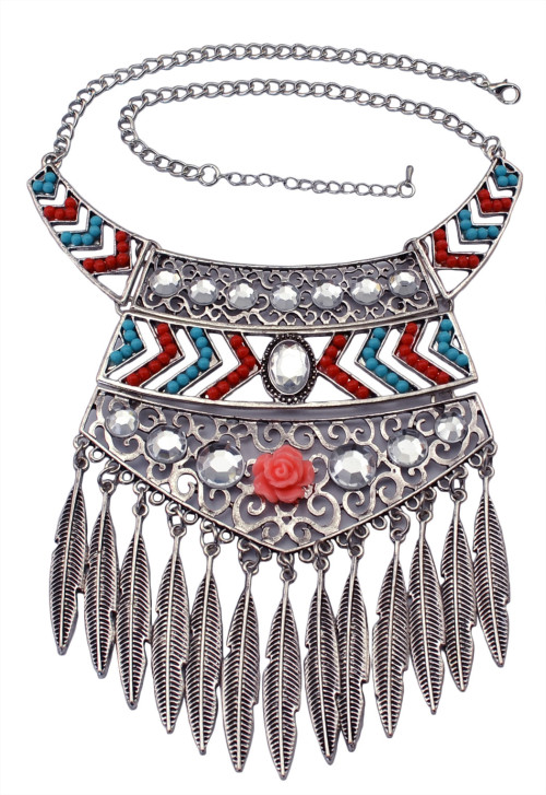 N-5916   Ethnic bohemian vintage silver resin gem geometric pendants necklaces leaf bib choker necklace earrings set jewelry for women