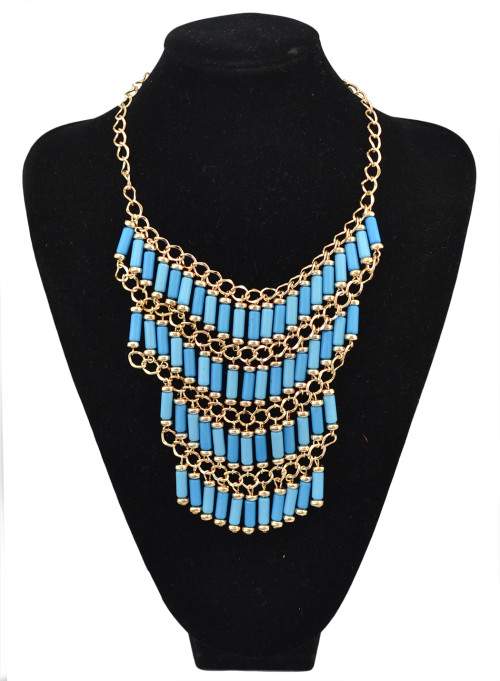 N-1763 bohemia style gold plated multi chain color cylinder resin gem tassels choker necklace