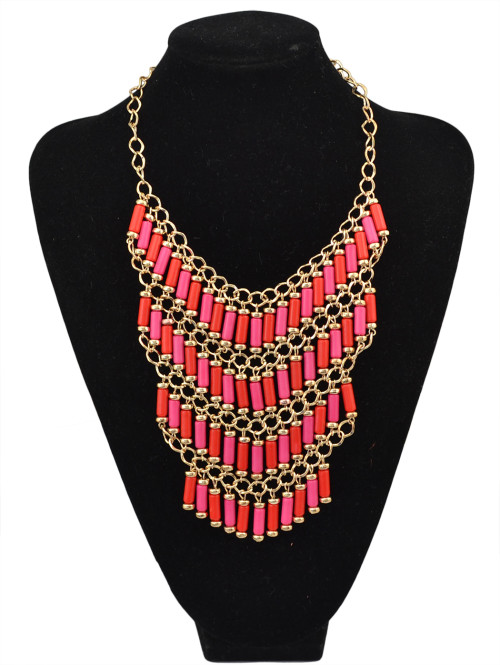 N-1763 bohemia style gold plated multi chain color cylinder resin gem tassels choker necklace