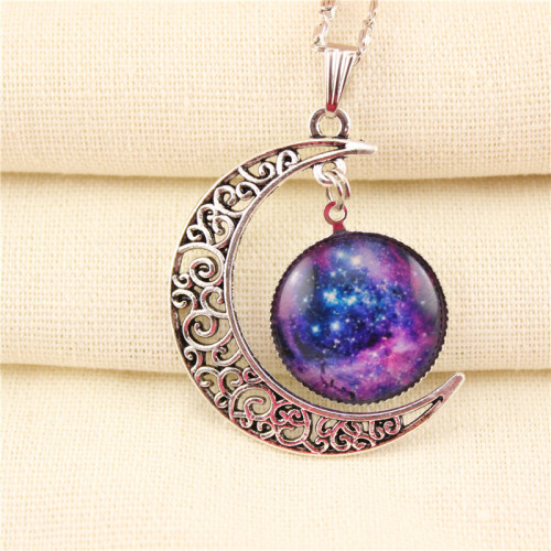 N-5919 new fashion silver link chain starry sky gem stone moon shape charm pendant necklace for women jewelry