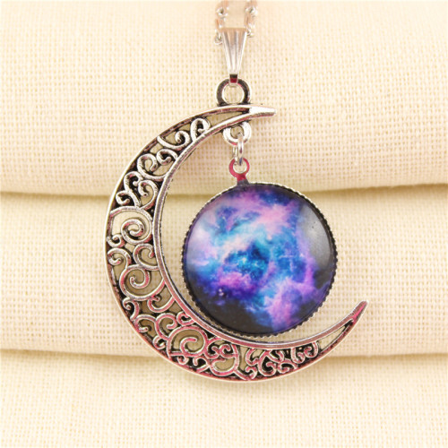 N-5919 new fashion silver link chain starry sky gem stone moon shape charm pendant necklace for women jewelry