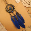 N-5917  Fashion style retro bronze plated colorful rhinestone leaf feather pendant necklace