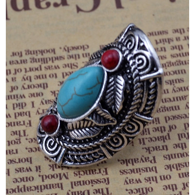 R-1294  Bohemian style tibet silver design red turquoise gem stone big beachy boho joint rings for women