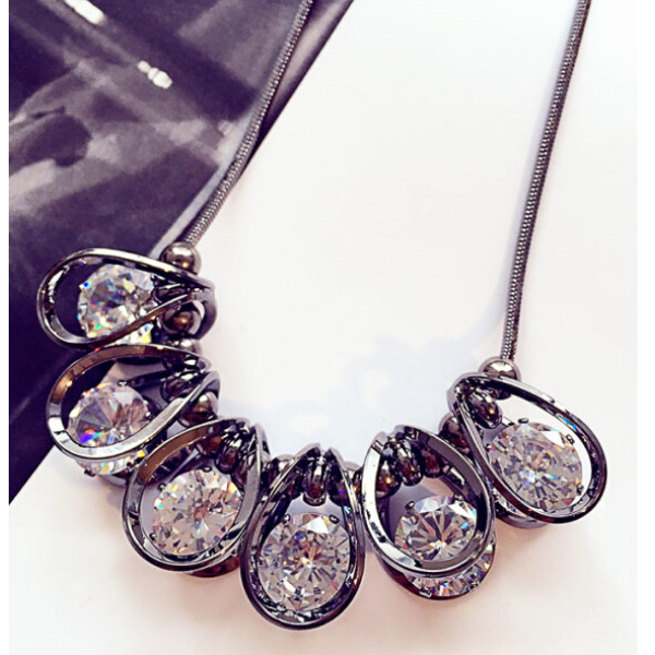 N-5924  New Arrival Silver Gun Black Crystal Zircon Drop Pendant Necklace