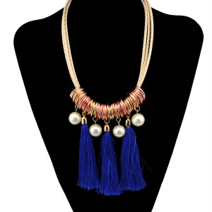 N-5928  2015 Bohemian Tassel Statement Fashion Blue Rope Pendant Pearl Jewelry Leather Chains Bib Collar Chokers Necklace