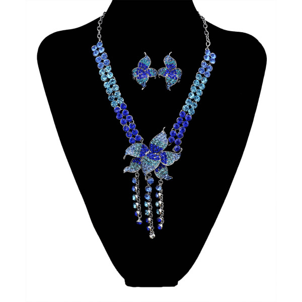 N-5929  New Fashion Korean Style Colorful Rhinestone Beautiful Flower Tassel Pendant Necklace And Earrings Set