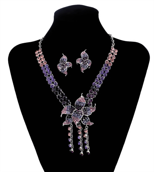 N-5929  New Fashion Korean Style Colorful Rhinestone Beautiful Flower Tassel Pendant Necklace And Earrings Set