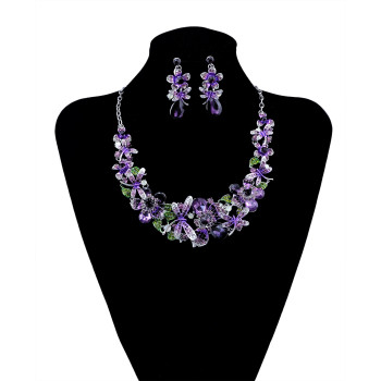 N-5939  New Fashion Korean Style Silver Chain Colorful Charm Rhinestone Beautiful Flower Dragonfly Bib Statement Necklace And Earrings Set Women Jewelry