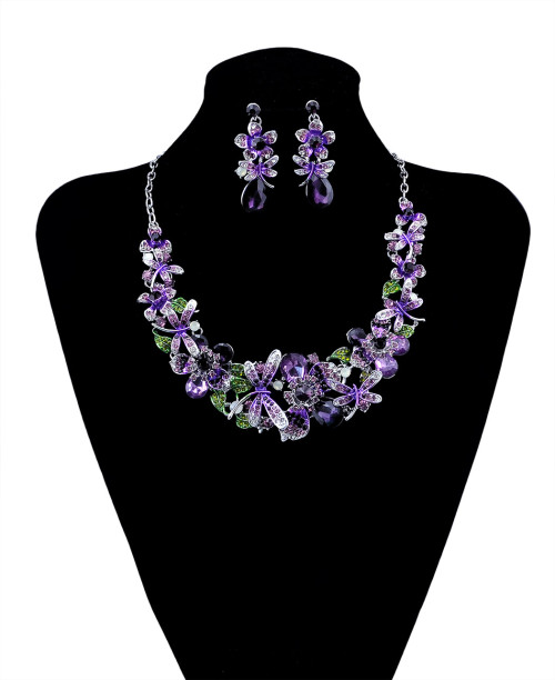 N-5939  New Fashion Korean Style Silver Chain Colorful Charm Rhinestone Beautiful Flower Dragonfly Bib Statement Necklace And Earrings Set Women Jewelry