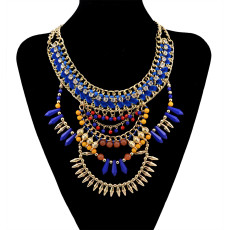 N-5938  European style gold plated handmade braid rhinestone  chuky chain blue brown beads rivet tassel charms bib statement necklace