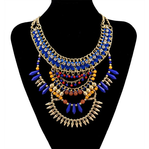 N-5938 European style gold plated handmade braid rhinestone chuky chain blue brown beads rivet tassel charms bib statement necklace