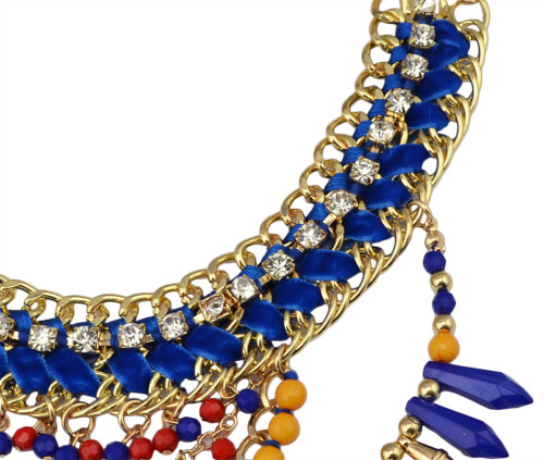 N-5938  European style gold plated handmade braid rhinestone  chuky chain blue brown beads rivet tassel charms bib statement necklace