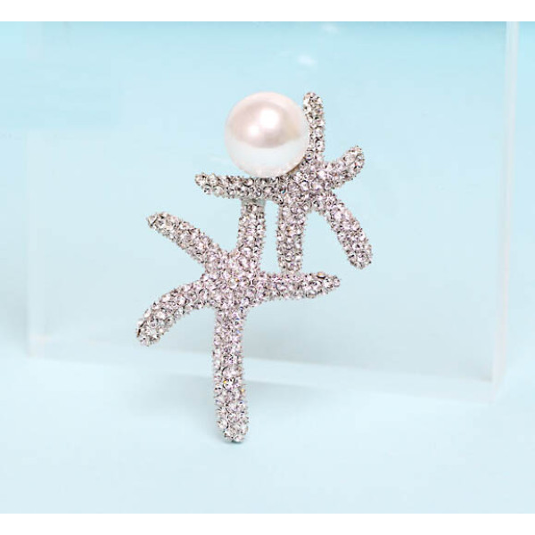 P-0213 New fashion silver plated alloy crystal&Artificial pearl sea star shape brooch for women jewelry