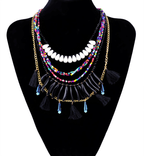 N-5947  Fashion Style gold plated 4 colors rhinestone acrylic beads multilayer chain necklace jewelry