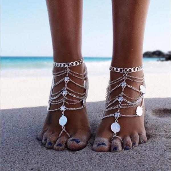 B-0638 Bohemian vintage silver multilayer coin flower charms anklet bracelets women foot jewelry
