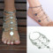 B-0638  Bohemian vintage silver multilayer coin flower charms anklet bracelets women foot jewelry