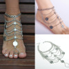 B-0638 Bohemian vintage silver multilayer coin flower charms anklet bracelets women foot jewelry
