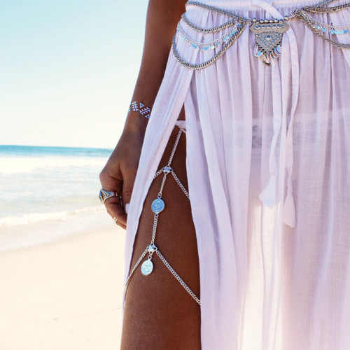 N-5949  2015 summer new arrival silver plated women's coin tassel leg chain jewelry body chain sexy beach