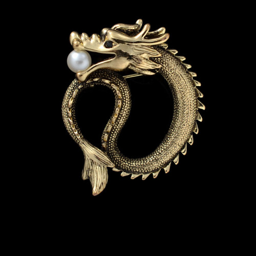 P-0219    Hot 2015 Fashion Jewelry Pearl Broaches Vintage Gold Silver Plated  Ancient Dragon Large Brooches For Men Women