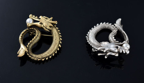 P-0219    Hot 2015 Fashion Jewelry Pearl Broaches Vintage Gold Silver Plated  Ancient Dragon Large Brooches For Men Women