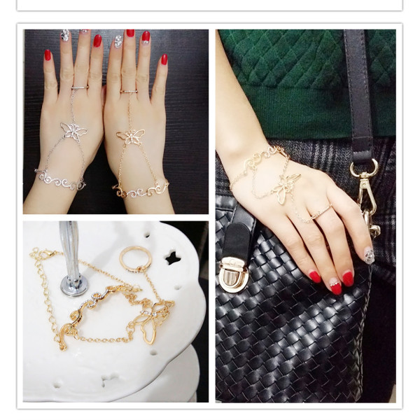 B-0646  Fashion Gold/Silver plated alloy chain rhinestone butterfly theme ring bracelet jewelry set