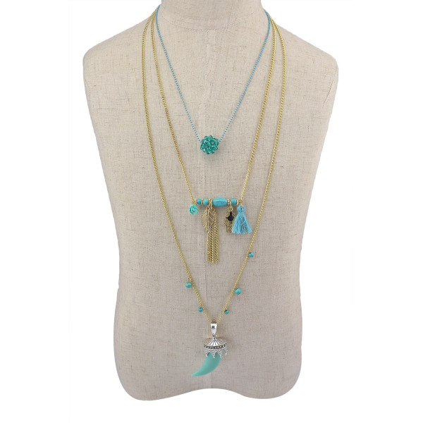 N-5817 Fashion Gold Plated Multilayer Turquoise Tassel Charm Long Necklace For Women