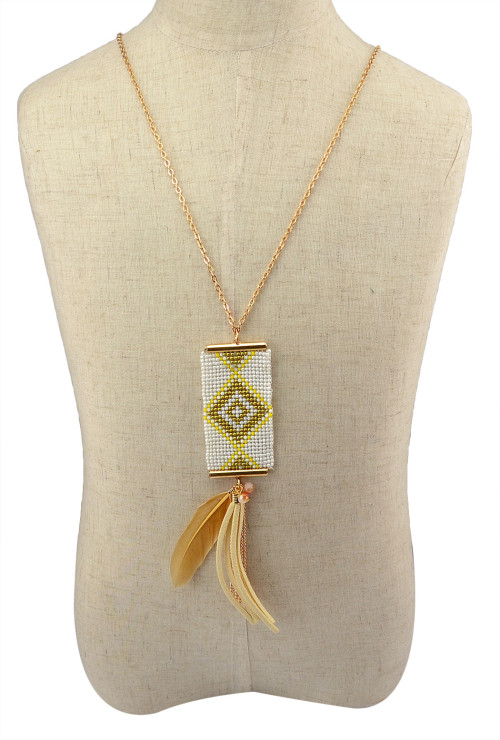N-5971  New Fashion Gold Plated  Resin Beads Feather Tassel  Pendant Necklace For Women
