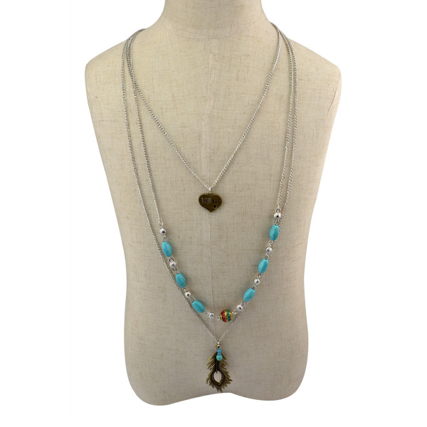 N-5976  New fashion multi layered chains gold/silver plated natural turquoise beads metal leaf pendant necklace for women jewelry