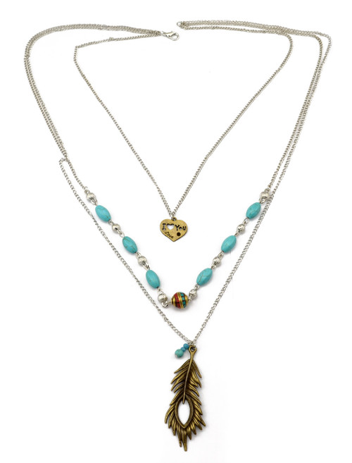 N-5976  New fashion multi layered chains gold/silver plated natural turquoise beads metal leaf pendant necklace for women jewelry