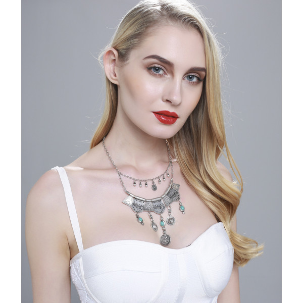 N-5979 Bohemian vintage silver/gold triangle geometric bib choker necklace turquoise coin tassel long necklaces female jewelry