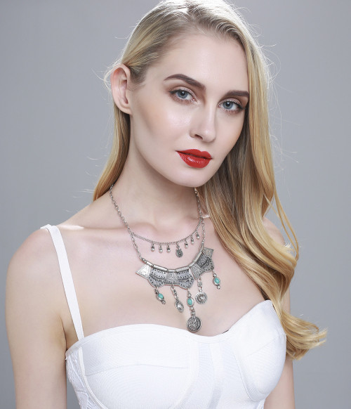 N-5979 Bohemian vintage silver/gold triangle geometric bib choker necklace turquoise coin tassel long necklaces female jewelry