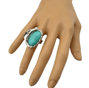R-1305  New Design Bohemian Style Silver Plated Natural Turquoise Finger Ring for Women Jewelry Adjustable