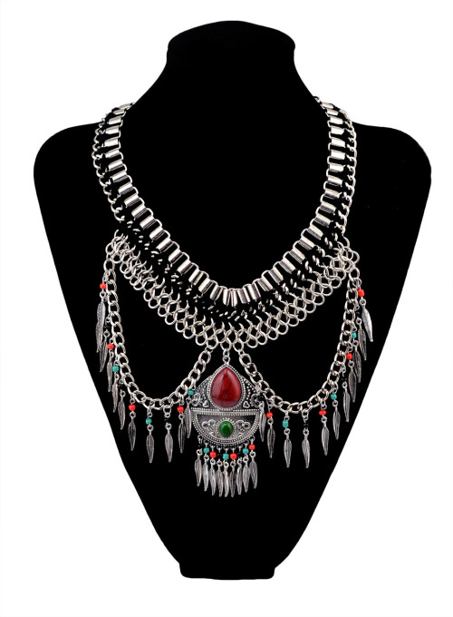 N-5984   Bohemian retro silver plated multilayer dangle chain leaf tassel turquoise pendant necklace jewelry