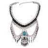 N-5984   Bohemian retro silver plated multilayer dangle chain leaf tassel turquoise pendant necklace jewelry