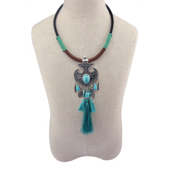 N-5982 Fashion Women Jewelry Bohemian Vintage Silver  Turquoise Beaded Long Tassel  Choker Necklaces