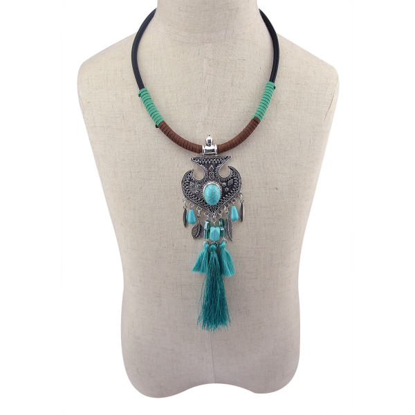 N-5982 Fashion Women Jewelry Bohemian Vintage Silver  Turquoise Beaded Long Tassel  Choker Necklaces