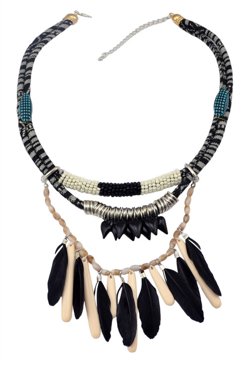 N-5784 Bohemian style handmade braid blue rope chain resin heart beads feather tassel choker bib collar statement necklace