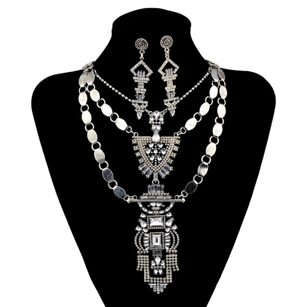 N-5995 European fashion silver clear crystal rhinestones geometric maxi necklaces earrings sets for women jewelry