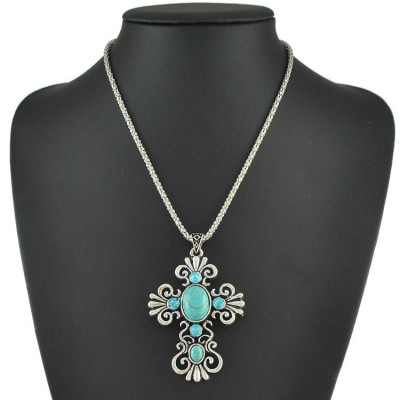 N-6004 Bohemian style silver plated chain cross shope rhinestone turquoise pendant necklace