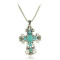N-6004 Bohemian style silver plated chain cross shope rhinestone turquoise pendant necklace