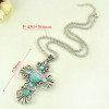 N-6004 Bohemian style silver plated chain cross shope rhinestone turquoise pendant necklace