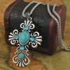N-6004 Bohemian style silver plated chain cross shope rhinestone turquoise pendant necklace