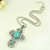 N-6004 Bohemian style silver plated chain cross shope rhinestone turquoise pendant necklace