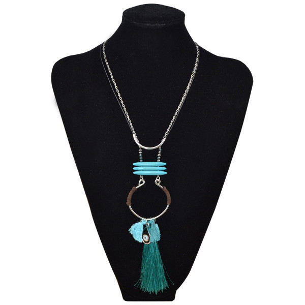N-6016  Fashion korean silver plated multiple rope chain turquoise long pendant necklace
