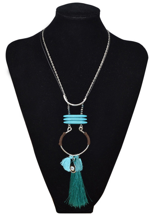 N-6016  Fashion korean silver plated multiple rope chain turquoise long pendant necklace